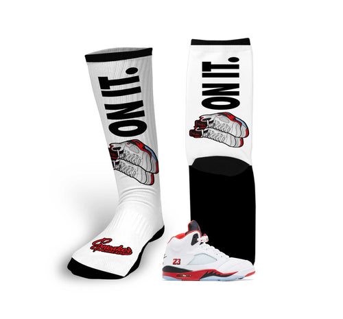 Retro 5 Fire Red Five on It Socks