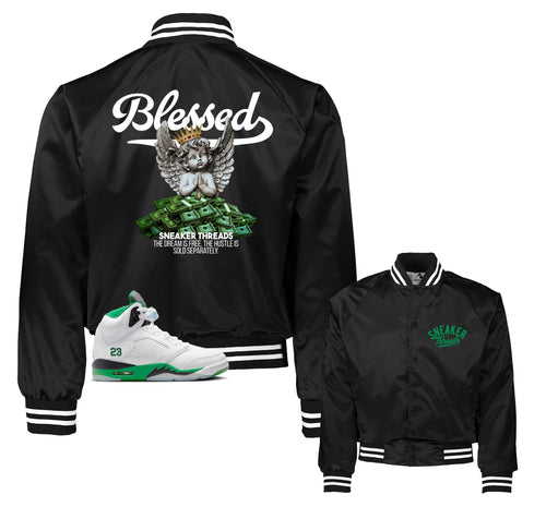 Retro 5 Lucky Green Blessed Angel Satin Jacket