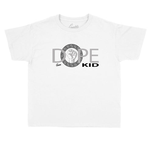 Kids Jordan 11 metallic silver tees match retro 11 vast grey sneakers.