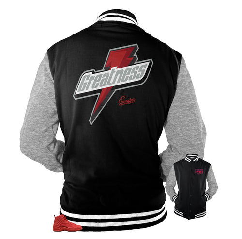 Jordan 12 gym red varsity jackets match retro 12 jackets.