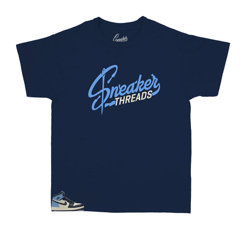 Jordan 1 Obsidian Unc kids sneakers have matching kids shirts created to match perfectly with the Jordan 1 unc obsidian kids sneaker