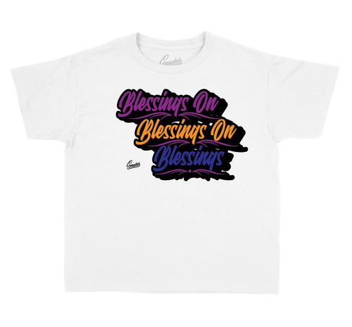 Kids tees designed to match the Jordan 4 rush violet sneakers