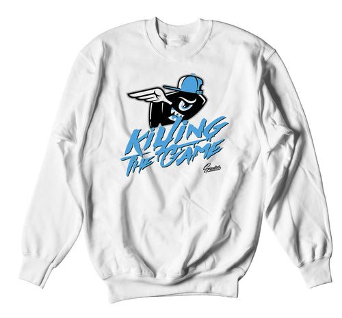 white crewneck sweater made to match perfectly with the Jordan 3 unc sneakers