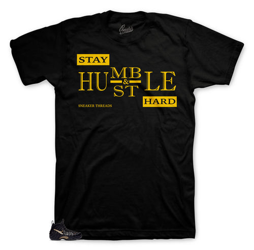 Humble shirt to match foamposite black and gold metallic shoes.