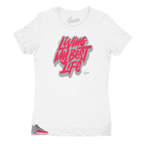 Jordan 12 racer pink women's sneaker has matching women's shirts designed to match the Jordan 12 racer pink women's sneakers