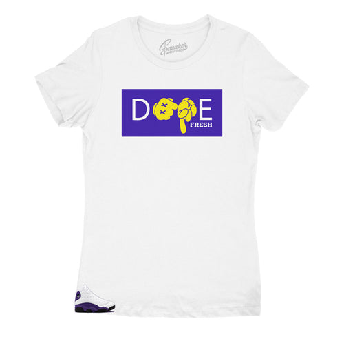 Jordan 13 Laker sneaker has matching ladies shirts made to match the Jordan 13 lakers sneaker collection