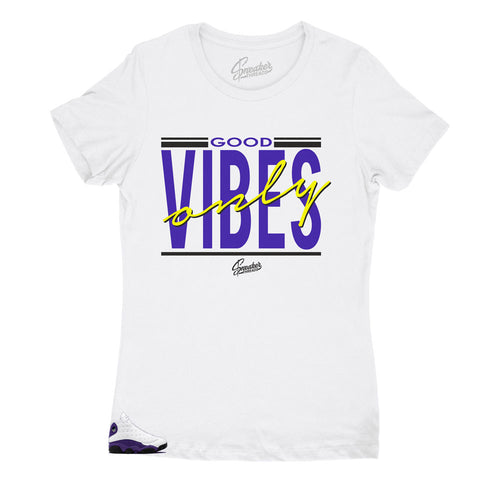 Jordan 13 laker sneaker has matching laker shirts designed to match perfectly with the Jordan 13 laker shoe