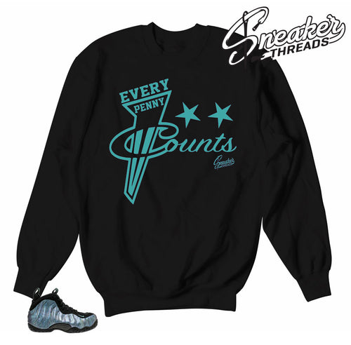 Sweaters match Foamposite abalone shoes.