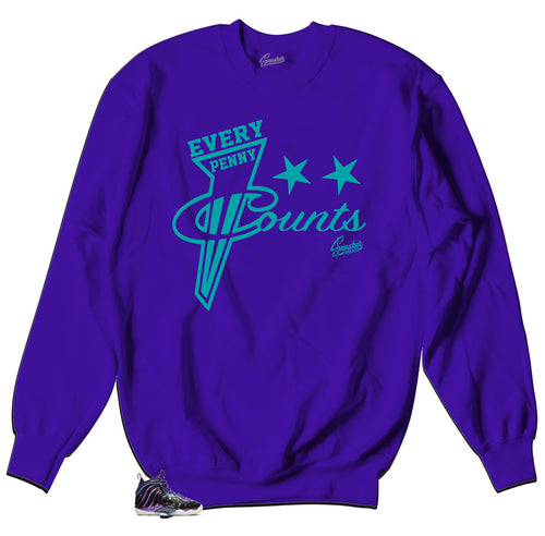 Purple crewneck sweater that is matching to sneaker Foamposite iridescent sneaker collection