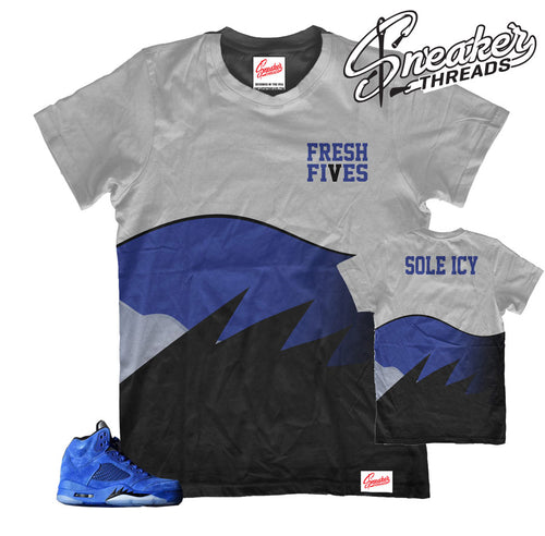 Official Jordan 5 blue suede matching shirts and clothing.