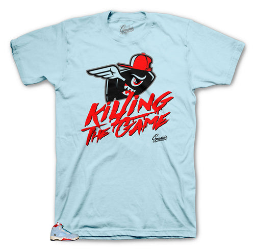 Jordan 5 Ice Blue sneaker has matching tee made to match the Jordan 5 ice blue collection