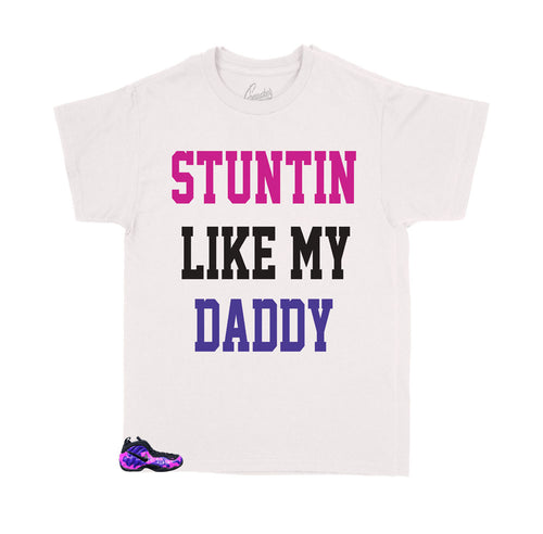 Foamposite purple camo sneakers have matching kids tees made to match perfectly with the foamposites