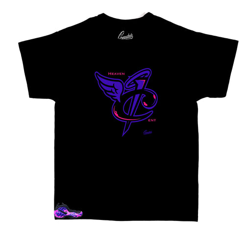 Foamposite purple camo kids sneakers have matching kids shirts designed to match perfectly with the foamposite purple camo sneakers