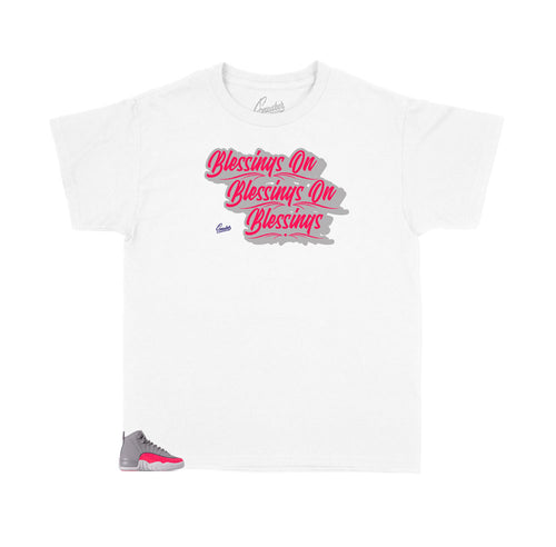 Kids Jordan 12 racer pink kids sneakers have matching kids tees made to match the Jordan 12  kids racer pink sneakers