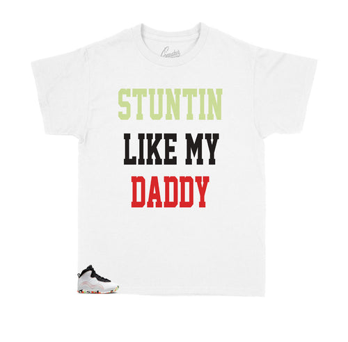 Jordan 10 Ember glow kids sneaker have matching kids shirts created to match the Jordan 10 