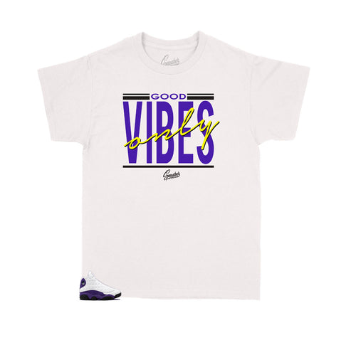 Jordan 13 Lakers shoes has matching kids shirts designed to match perfectly with the laker 13 kid shoes