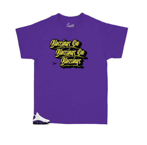 Purple kids shirts designed to match perfectly with the kids Jordan 13 lakers collection