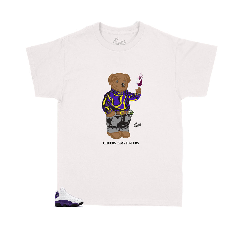 Purple kids shirts designed to match perfectly with the kids Jordan 13  lakers collection