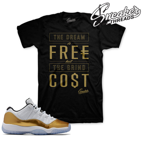 Shirts match Jordan 11 closing ceremony retro 11 low gold tees.