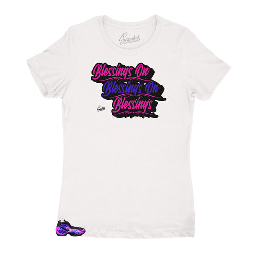 Womens shirt collection has matching Foamposite camo purple sneaker collection