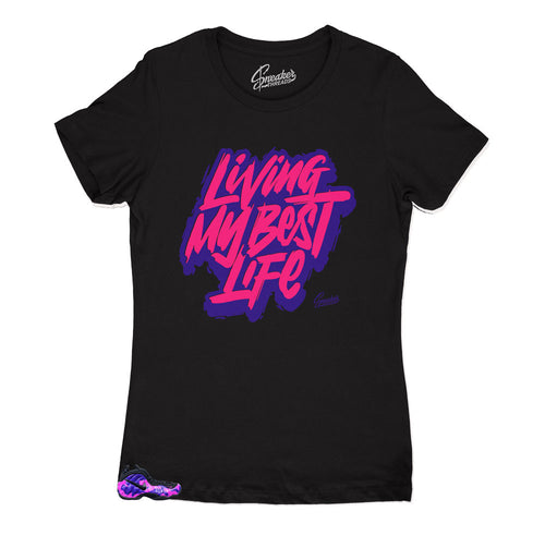 Womens shirts designed to match perfectly with the foamposite camo purple sneakers