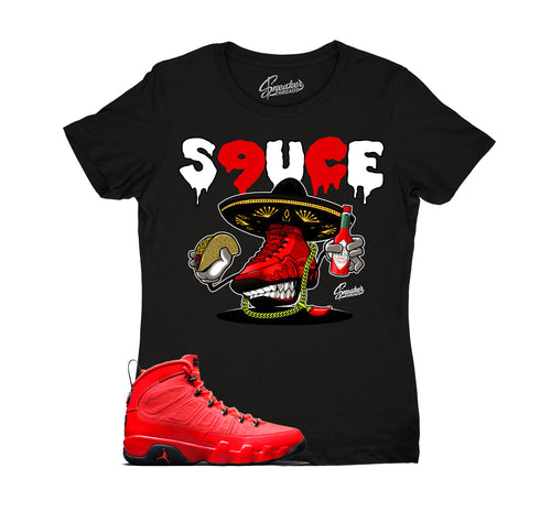 Ladies Jordan 9 chile red tees