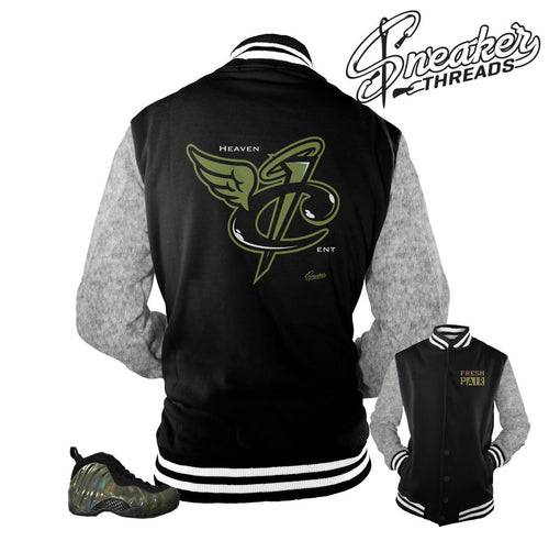 Varsity jacket match foamposite legion green shoes.